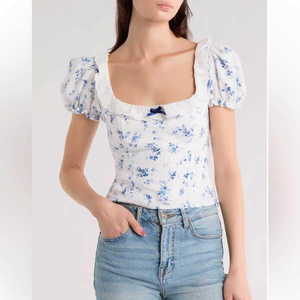 New Reformation Alice Lace Trim Puff Sleeve Crop Top